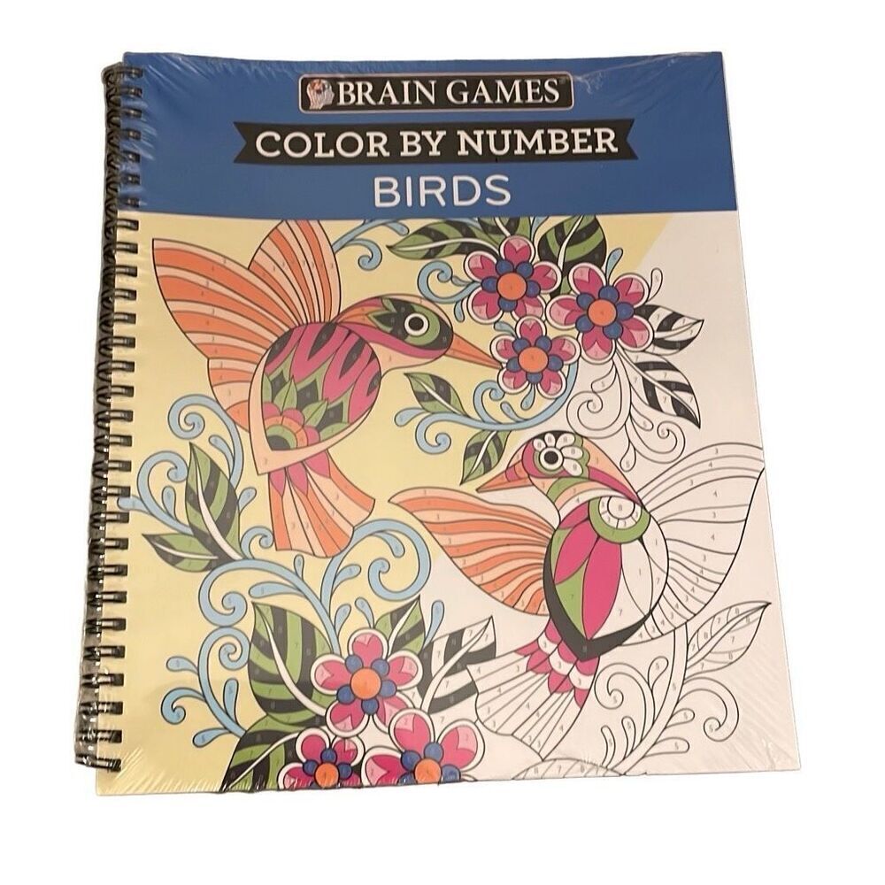 Brain‎ Games Color By Number Birds Spiral Activity Book Key Swatch 64 Pages New